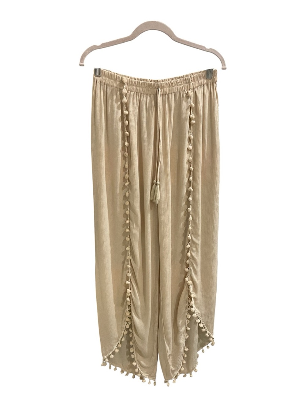 Salty Lemon NWT Oyster Boho Resort Wide Leg Pom Trim Pants Size L - Picture 2 of 6